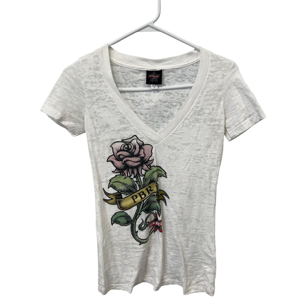 PBR Rose Print Burnout Graphic Tee Women Small V Neck Short Sleeve Western Ranch